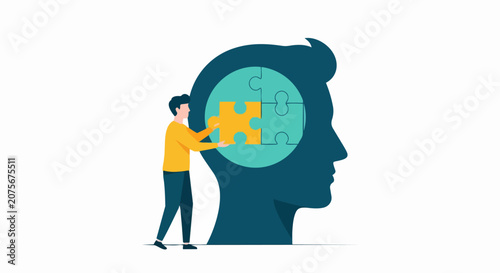 Mental Health Concept Illustration of a Man Solving Jigsaw Puzzle inside a Human Head Silhouette, Psychology, Therapy, and Cognitive Problem Solving Vector Art