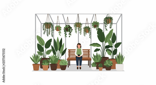 Woman sitting on a wooden bench in a greenhouse surrounded by lush indoor plants and hanging foliage flat vector illustration