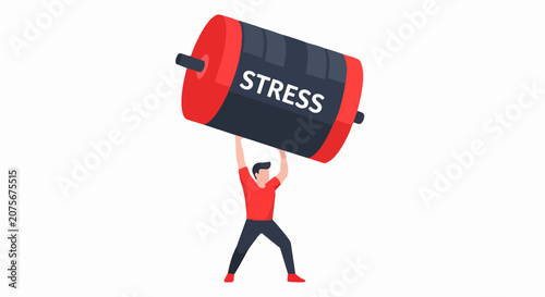 Man Lifting a Giant Heavy Weight Labeled Stress, Conceptual Illustration of Stress Management, Mental Health Burden, Burnout, and Pressure in Work or Life