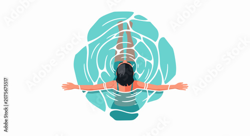 Top View Illustration of a Woman Floating in Turquoise Pool Water, Minimalist Flat Design for Wellness, Relaxation, and Self-Care Concepts