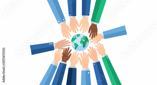 Global Cooperation and Unity Concept Illustration with Diverse Hands Reaching Towards Earth Globe