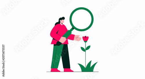 Woman Holding Large Magnifying Glass Examining Small Flower - Flat Vector Illustration for Research, Discovery, and Botany Concepts