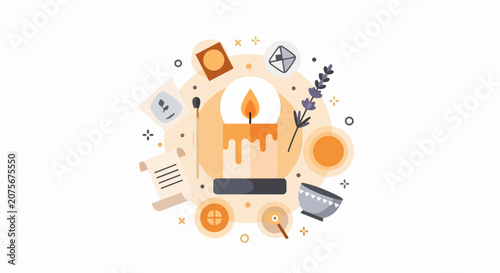 Modern flat vector illustration of a cozy ritual workspace featuring a lit candle, lavender, parchment scroll, and aromatherapy elements on a white background