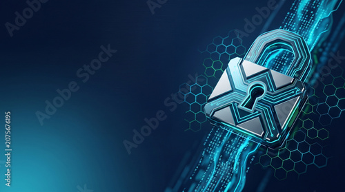 Futuristic cybersecurity concept background with digital padlock network data code and copy space