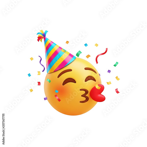Celebratory emoji blowing a party horn with confetti and hat isolated on transparent background