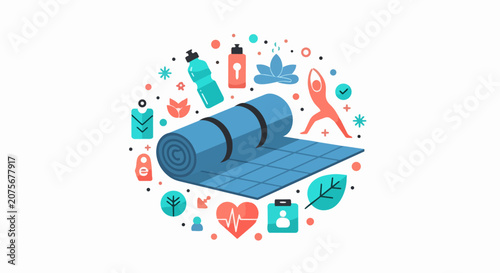 Yoga Mat and Fitness Equipment Illustration for Wellness and Healthy Lifestyle Concept - Flat Vector Icons for Meditation, Exercise, and Wellbeing