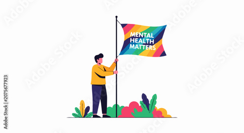 Mental Health Matters Illustration - Person Holding Rainbow Flag for Awareness and Psychology Support Concept