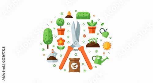 Gardening and Landscaping Tools Concept with Pruning Shears, Potted Plants, Watering Can, and Seedlings in Circular Flat Vector Illustration