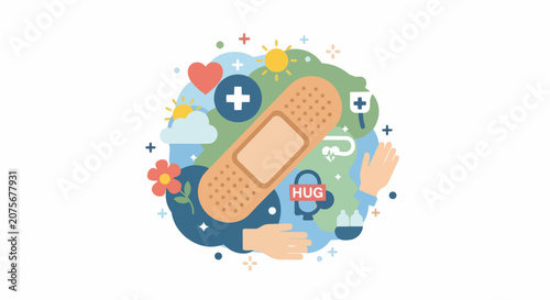 Mental Health and Healing Concept Illustration with Bandage, Heart, and Care Symbols for Wellness and Recovery