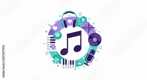 Music Illustration Concept with Musical Note, Headphones, and Instruments in Purple and Teal Flat Design