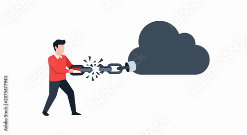 Man Breaking a Chain Linked to a Dark Cloud, Concept of Overcoming Depression, Emotional Burden, and Mental Health Struggles
