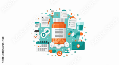 Flat Design Medical Illustration with Medicine Bottle, Pills, Prescription, and Calendar for Healthcare Management and Medication Adherence Concept
