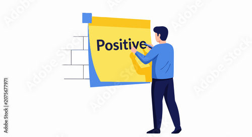 Man writing the word Positive on a giant yellow sticky note. Conceptual vector illustration for motivation, optimism, and positive mental health mindset.