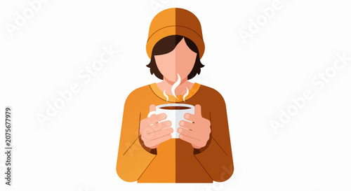 Flat Vector Illustration of a Person Holding a Steaming Hot Beverage Cup, Cozy Autumn Winter Concept, Minimalist Character Design Isolated on White