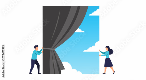 Business Couple Opening Large Curtain to Reveal Bright Blue Sky and New Opportunities Concept Vector Illustration