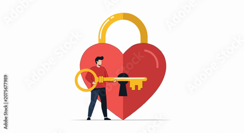 Man Unlocking a Large Heart Shaped Padlock with a Golden Key Vector Illustration Concept of Finding Love, Trust, and Emotional Security