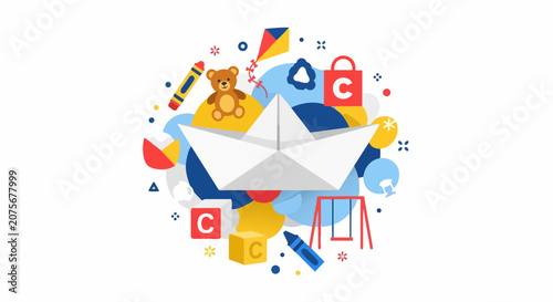 Colorful Childhood Icons and Paper Boat Illustration - Flat Vector Concept for Early Education, Preschool, and Creative Play