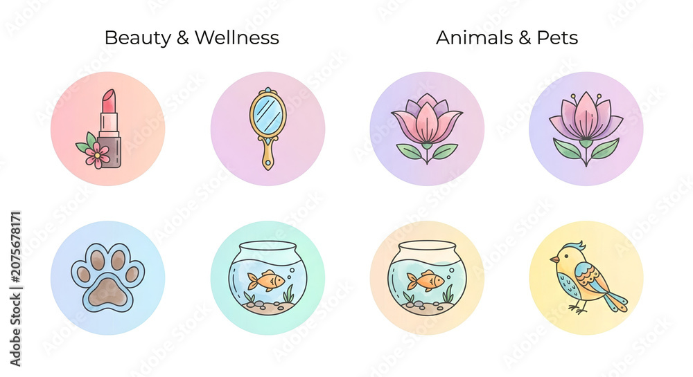 Fototapeta premium Beauty Wellness and Animals Pets Icon Set with Pastel Gradient Circles — Cute Line Art Collection