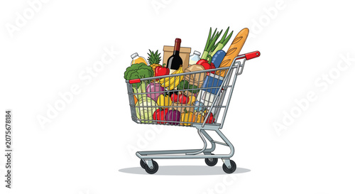 Metal shopping cart overflowing with fresh groceries including vegetables fruits bread and wine for healthy meal preparation.