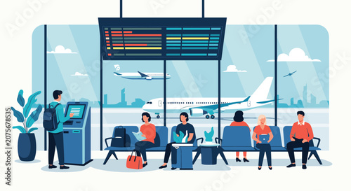 People waiting at the airport terminal departure hall with flight information display board and airplanes visible outside.