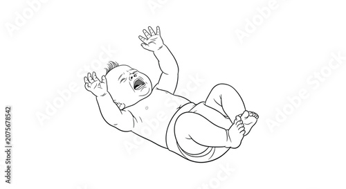 Detailed black and white line drawing of a crying infant baby lying on its back with arms and legs in the air in distress.