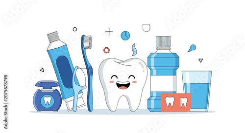 Dental care and hygiene concept featuring smiling happy tooth surrounded by toothbrush toothpaste floss mouthwash and healthy teeth symbols.
