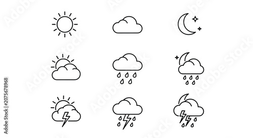 Set of minimalist black line weather icons including sun, clouds, rain, thunder, and night time moon symbols on a white background.