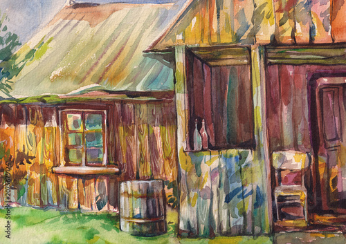 watercolor illustration featuring an old wooden village cottage