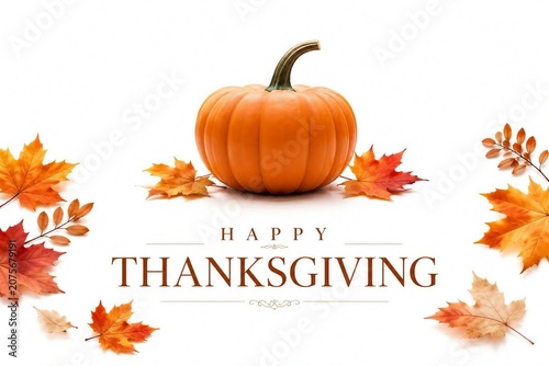 Happy Thanksgiving Greeting Banner with Pumpkin and Autumn Maple Leaves on White Background