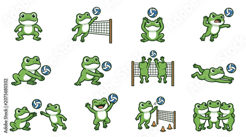 A collection of cute cartoon frogs playing a game of volleyball