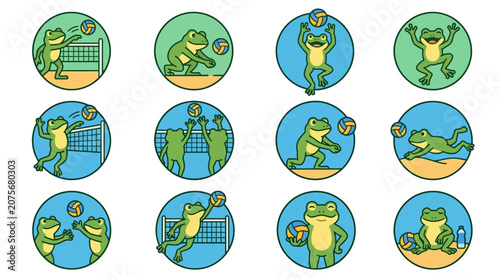 A collection of circular icons featuring cute green frogs playing a beach sport