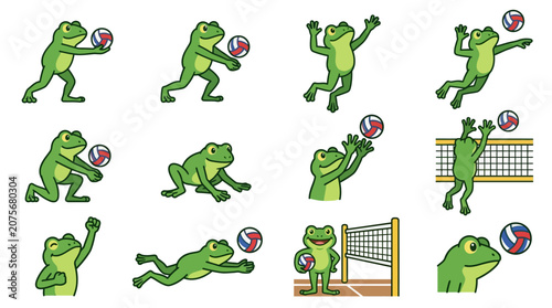 A collection of cartoon frogs playing a game of volleyball in various dynamic poses