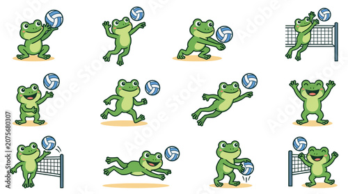 A collection of cute cartoon frogs playing a game of volleyball on a white background