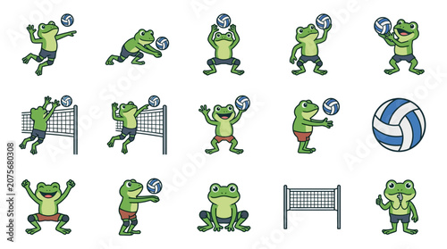 A collection of cute cartoon frogs playing a game of volleyball on a white background
