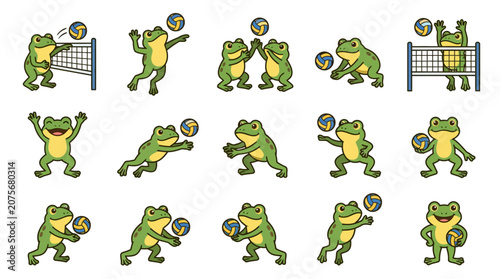 A collection of cartoon frogs playing a game of volleyball in various poses
