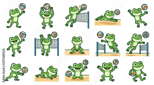 A collection of cute cartoon frogs playing volleyball in various dynamic poses