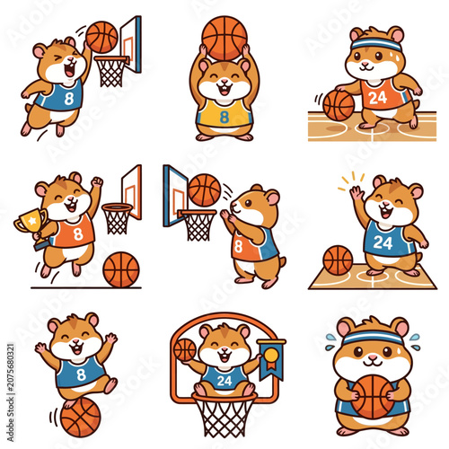 A collection of cute cartoon hamsters playing basketball in various athletic poses