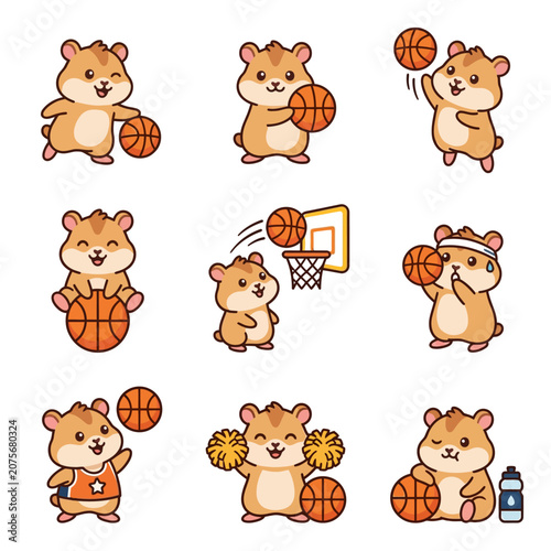 A collection of cute cartoon hamsters playing basketball in various poses