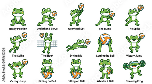 A collection of cute cartoon frogs playing volleyball in various athletic poses