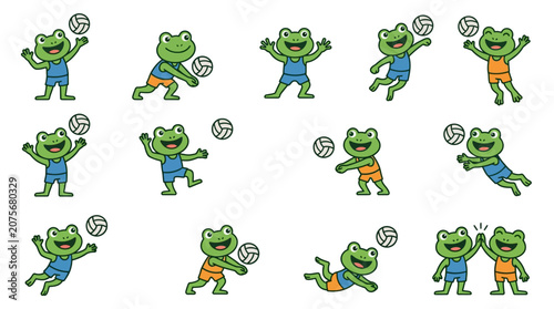 A collection of cartoon frogs playing volleyball in various athletic poses