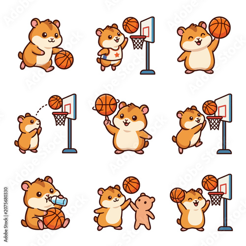 A collection of cute cartoon hamsters playing basketball in various poses