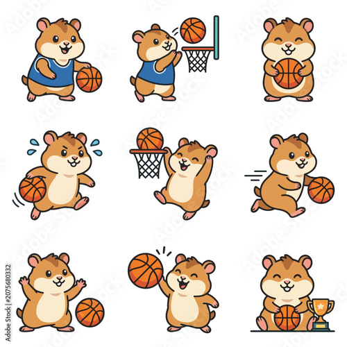 A collection of cute cartoon hamsters playing basketball in various poses