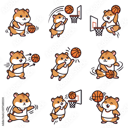 A collection of cute cartoon hamsters playing basketball in various dynamic poses