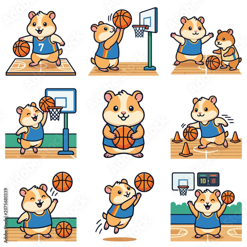 A collection of cute cartoon hamsters playing basketball on a court