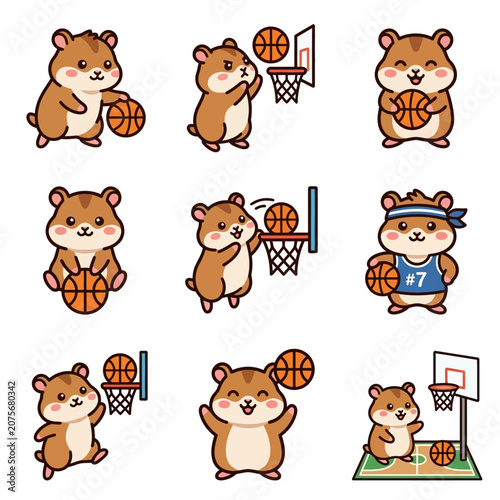 A collection of cute cartoon hamsters playing basketball in various poses