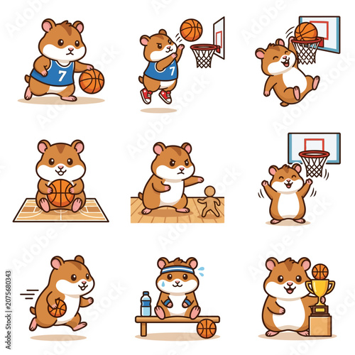 A collection of cute cartoon hamsters playing basketball in various dynamic poses