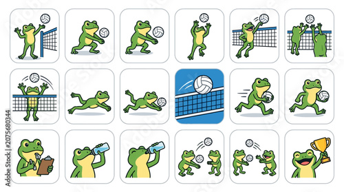 A collection of cute cartoon frogs playing a game of volleyball in various action poses