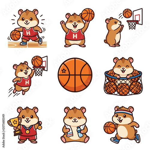 A collection of cute cartoon hamsters playing basketball in various poses