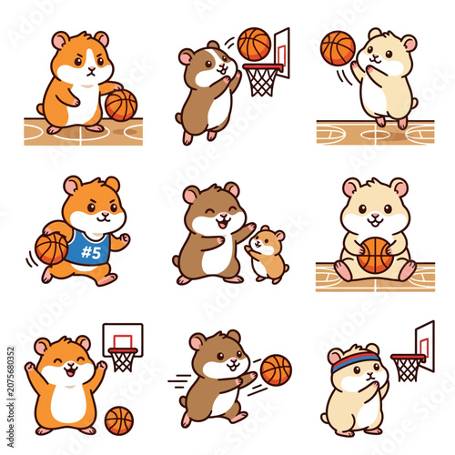 A collection of cute cartoon hamsters playing basketball on a court