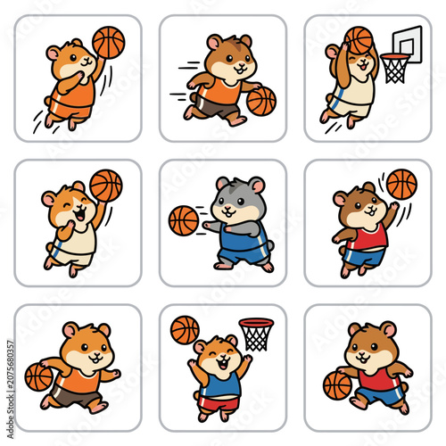 A collection of cute cartoon hamsters playing basketball in various dynamic poses